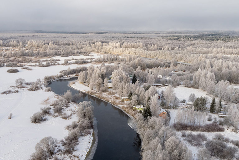 Luminen metsämaisema, jonka keskellä virtaa sula joki.