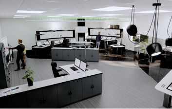 Keskusvalvomo, jossa on useita työpisteitä.