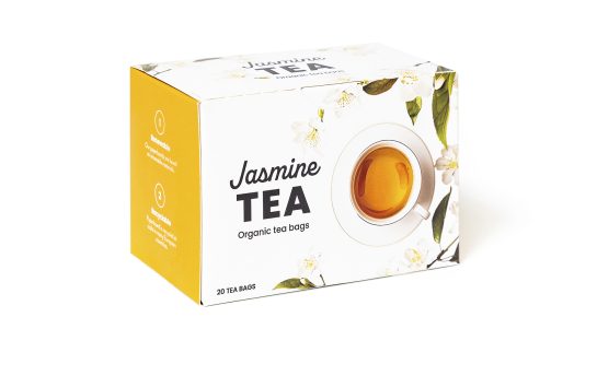 Jasmine teen pakkaus, jonka Stora Enso on valmistanut.